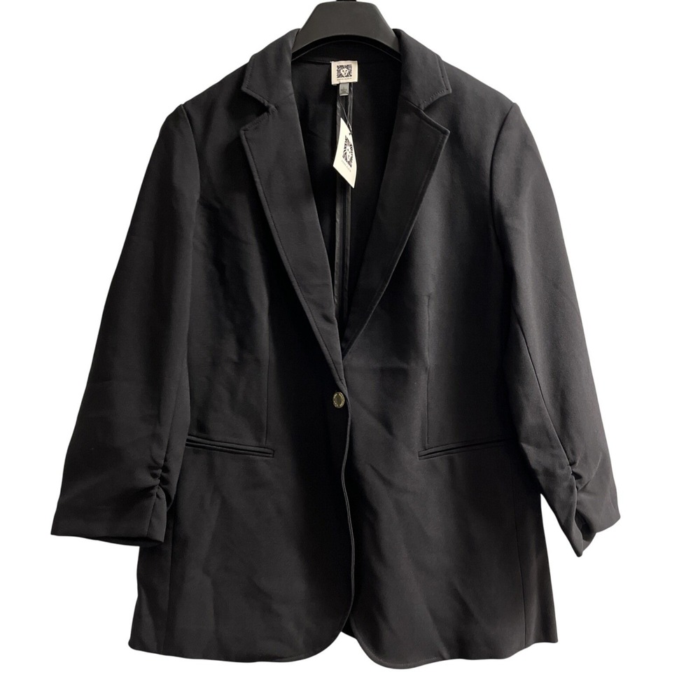 Anne Klein Blazer Womens L Black Mid Length One Button Jacket Capsule Office